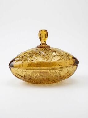 Vintage Amber Pressed Glass Covered Candy Dish Pinwheel Leaf Pattern MCM AS-IS